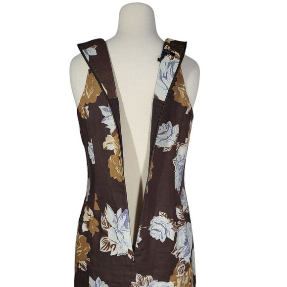 Boston Proper 100% Linen Floral Mini Dress 10 Brown High Neck Sleeveless Beach - Picture 6 of 12
